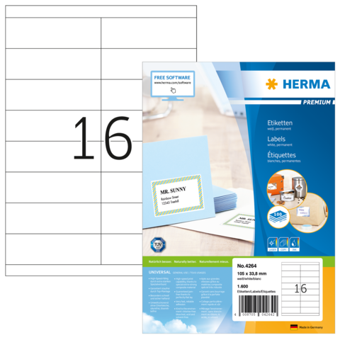 Etikettenpackung von Herma mit 16 Etiketten pro Blatt, inklusive Beispieletikett mit dem Namen "MR. SUNNY" und Hinweis auf kostenlose Software.