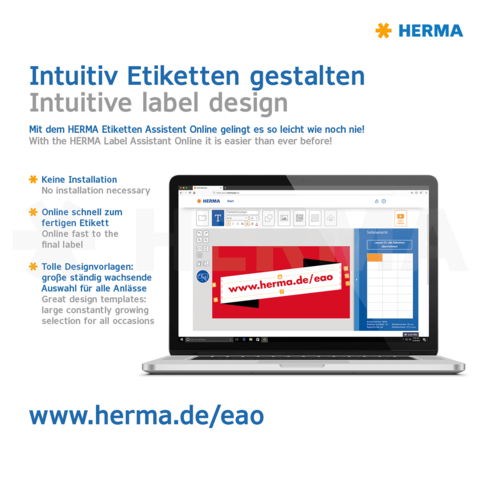Intuitive Gestaltung von Etiketten mit dem HERMA Etiketten Assistent Online. Keine Installation erforderlich, schnelle Auswahl und große Vorlagenauswahl.