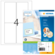 Etikettenbogen mit vier beschriftbaren Feldern und einer Verpackung von HERMA, die die Verwendung von kostenloser Software anzeigt.