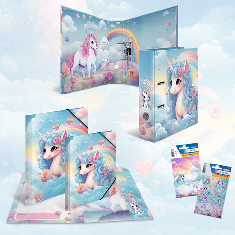 Bunte Schulmaterialien mit Einhornmotiven, darunter Ordner, Mappen und Aufkleber, vor einem himmelblauen Hintergrund.
