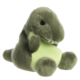 Plüschdinosaurier in Grün mit einem runden, weichen Körper und kleinen, spitzen Zähnen.