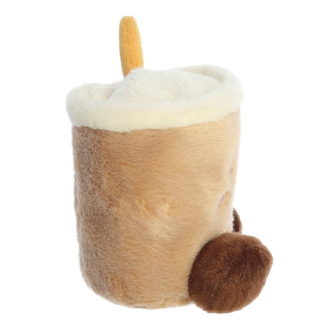 Kuscheltasse in Form eines Bechers mit einem weichen, cremefarbenen Deckel und einem braunen Körper, der einen kleinen Schwanz hat.