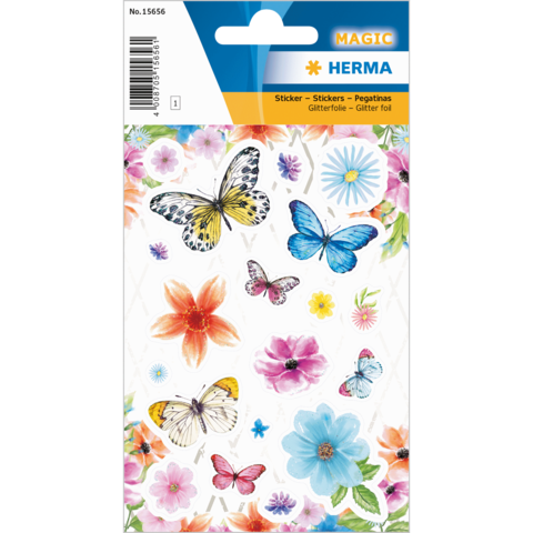Bunte Aufkleber mit Schmetterlingen und Blumen in verschiedenen Farben auf einem weißen Hintergrund.