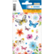 Bunte Aufkleber mit Schmetterlingen und Blumen in verschiedenen Farben auf einem weißen Hintergrund.
