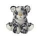 Plüsch-Tiger mit grauem und weißem Fell, großen Augen und einem neutralen Gesichtsausdruck, sitzt aufrecht.
