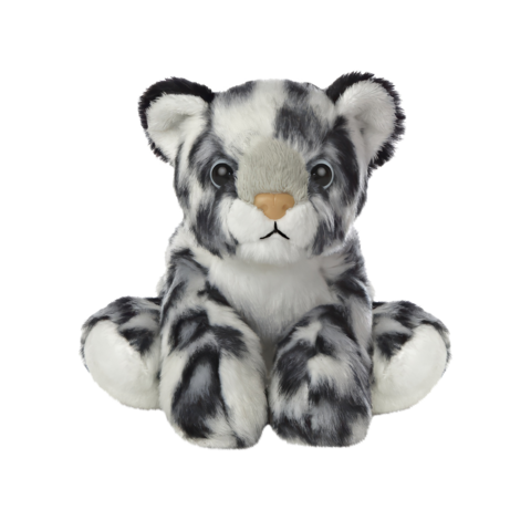 Plüsch-Tiger mit grauem und weißem Fell, großen Augen und einem neutralen Gesichtsausdruck, sitzt aufrecht.