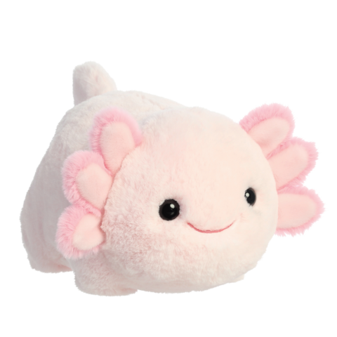 Kuscheltier in Form eines Axolotls, mit rosa und weißen Farben, runden Formen und einem lächelnden Gesicht.