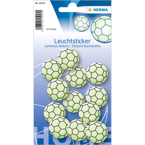 Leuchtende Fußballaufkleber auf einer Verpackung, insgesamt 12 Stück, in verschiedenen Positionen angeordnet.