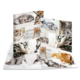 Ein aufklappbares Fotobuch mit verschiedenen Bildern von Katzen, darunter spielende, ruhende und nahaufgenommene Katzenporträts.