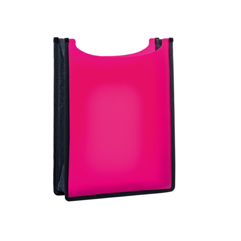 Ein pinkfarbener, flexibler Organizer mit schwarzem Rand, geeignet für die Aufbewahrung von Dokumenten oder kleinen Gegenständen.