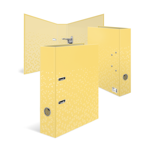 Gelbe, dekorative Ordner mit verschiedenen Öffnungen und einem modernen Design, die für die Aufbewahrung von Dokumenten geeignet sind.
