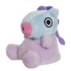 Plüschpferd mit blauer und lila Farbgebung, großen Augen und einer rosa Schnauze, sitzt aufrecht.