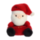 Plüsch-Santa mit rotem Hut und Mantel, sitzend mit einem weißen Bart und schwarzen Füßen.
