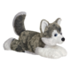 Plüschspielzeug eines Huskys, liegend mit grauem und weißem Fell, großen blauen Augen und einem freundlichen Gesichtsausdruck.