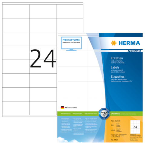 Etikettenblatt mit 24 Etiketten, Größe 70 x 36 mm, von der Marke HERMA, inklusive Informationen zur Software und Anwendung.