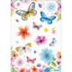 Bunte Aufkleber mit verschiedenen Schmetterlingen und Blumen in verschiedenen Farben und Formen auf hellem Hintergrund.