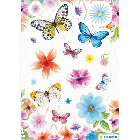 Bunte Aufkleber mit verschiedenen Schmetterlingen und Blumen in verschiedenen Farben und Formen auf hellem Hintergrund.