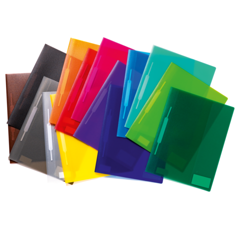 Bunte Kunststoffordner in verschiedenen Farben, angeordnet in einem Überlappungsmuster.