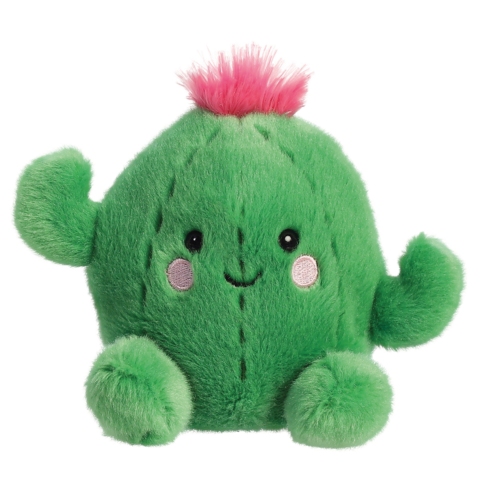 Kuscheliger, grüner Kaktus mit rosa Blüte und lächelndem Gesicht, der zwei kleine Arme hat.