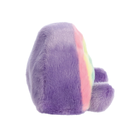 Ein plüschiger, violetter Kissen mit bunten Streifen auf der Vorderseite, in Form eines Tieres, von der Seite betrachtet.