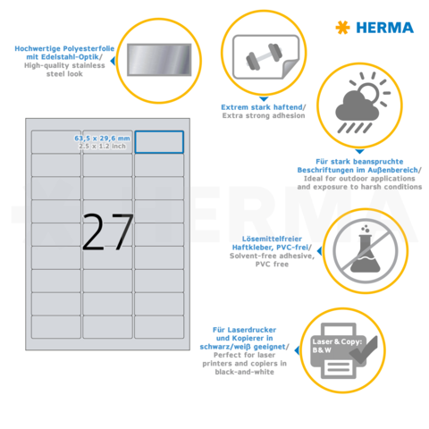 Hochwertige Polyesterfolie mit Edelstahl-Optik, extrem stark haftend, ideal für Außenanwendungen, lösemittelfrei, für Laserdrucker geeignet.