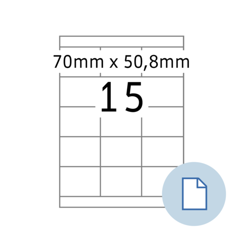 Ein Etikett mit den Maßen 70 mm x 50,8 mm und der Nummer 15. Ein Symbol für ein Dokument ist ebenfalls vorhanden.