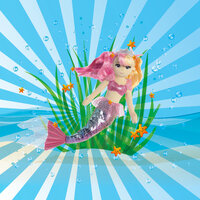 Eine Meerjungfrau mit bunten Haaren und einer schimmernden Schwanzflosse schwimmt durch Wasserpflanzen und Blasen.