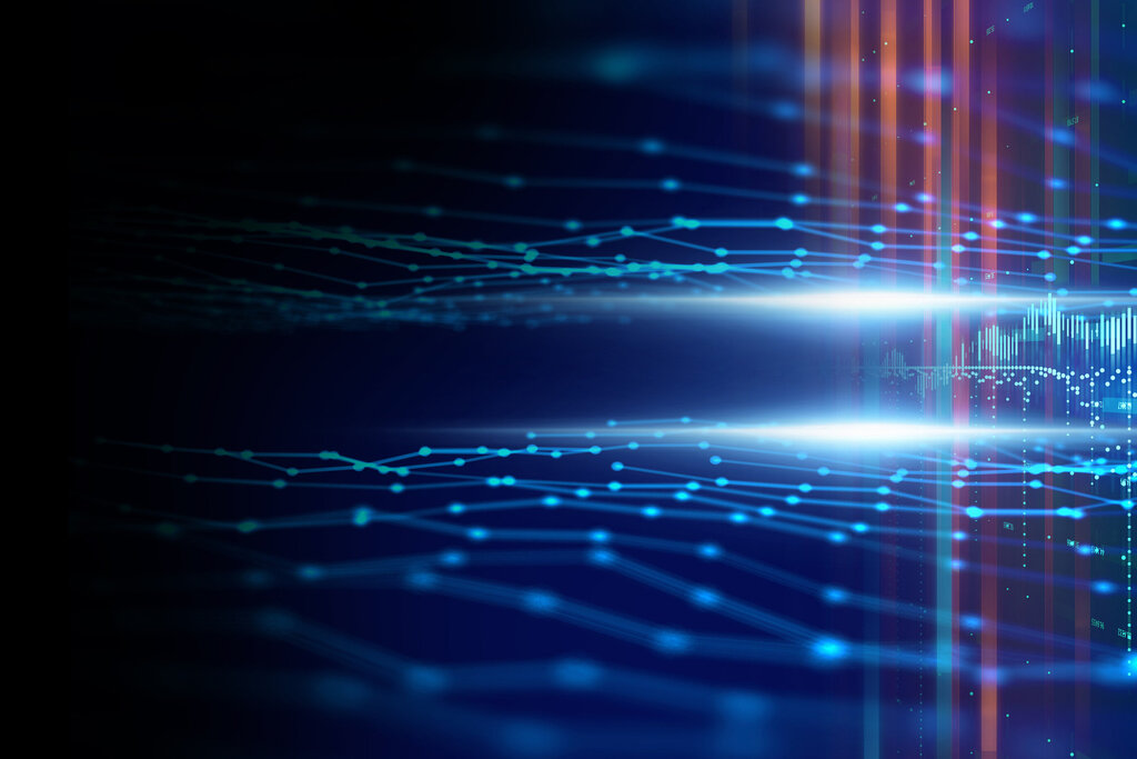 Abstrakte digitale Darstellung mit blauen und grünen Linien, die Datenströme und Wellenformen symbolisieren, vor einem dunklen Hintergrund.