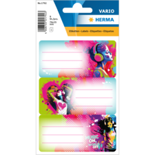 Bunte Etiketten mit Musikmotiven, die Platz für Beschriftungen bieten. Designs zeigen stilisierte Figuren mit Kopfhörern und grafischen Elementen.