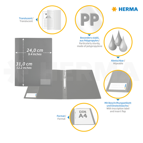 Transparente Ordner aus Polypropylen, abwischbar, mit Beschriftungsetikett und Einstecklasche, geeignet für DIN A4, Maße 24 x 31 cm.