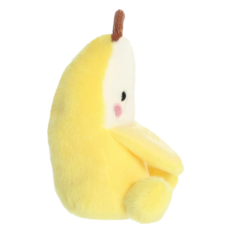 Gelbes, plüschiges Stofftier in Form einer Banane mit einem lächelnden Gesicht und einem kleinen braunen Stängel.