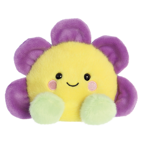 Ein gelbes, lächelndes Plüschspielzeug mit lila und grünen Details, das eine blumenähnliche Form hat.