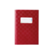 Rotes Notizbuch mit einem Aufkleber auf der Vorderseite, der Platz für einen Namen bietet.