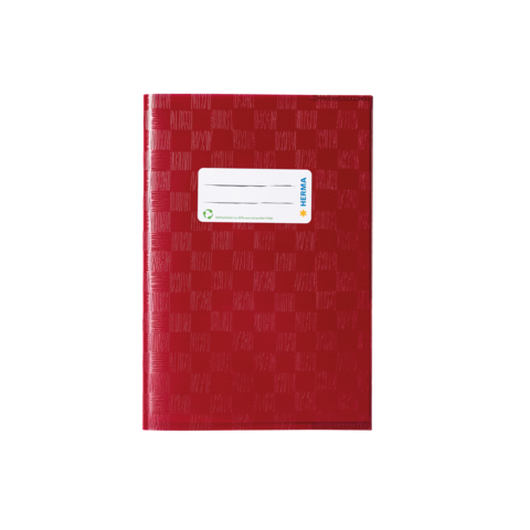 Rotes Notizbuch mit einem Aufkleber auf der Vorderseite, der Platz für einen Namen bietet.