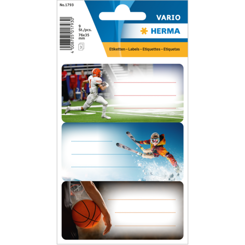 Sportliche Etiketten mit Motiven von American Football, Skifahren und Basketball, jeweils mit Platz für Beschriftungen.
