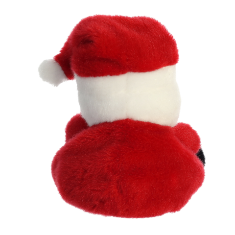Roter Plüsch-Weihnachtsmann mit weißem Bart und Mütze, von hinten gesehen.
