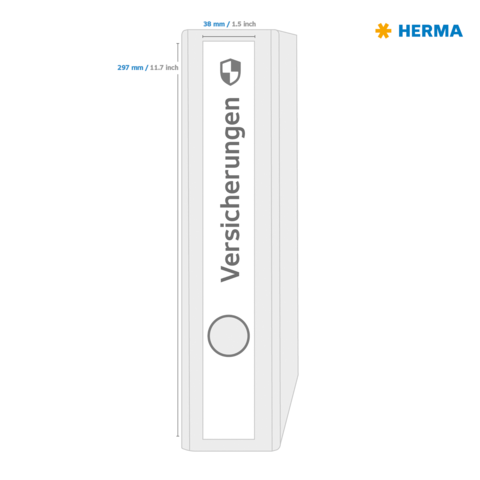 Ein Ordner mit der Aufschrift "Versicherungen", Maße 297 mm x 38 mm, mit einem Logo auf der Vorderseite.