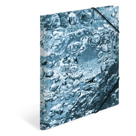 Wassertropfen und Blasen auf einer blauen Oberfläche, die eine dynamische und klare Wassertextur darstellen.