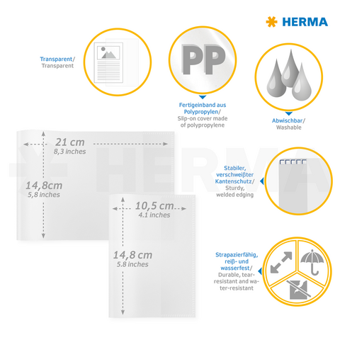 Transparente Polypropylen-Hüllen, abwischbar, stabil und wasserfest. Maße: 21 x 14,8 cm und 10,5 x 14,8 cm. Ideal für Dokumente.