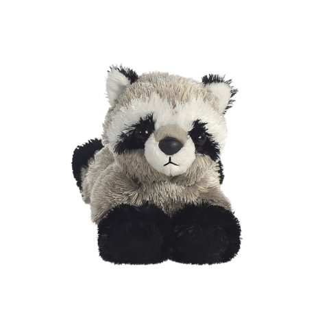 Plüschwaschbär mit grauem und schwarzem Fell, großen Augen und einem runden Gesicht, sitzt aufrecht.