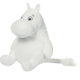 Weißes, plüschiges Einhorn mit großen Augen, das sitzend dargestellt wird. Es hat eine runde Form und einen langen Schwanz.