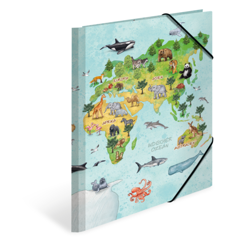 Eine farbenfrohe Weltkarte mit Tieren, die verschiedene Kontinente und Ozeane darstellt, einschließlich Europa, Asien und Australien.