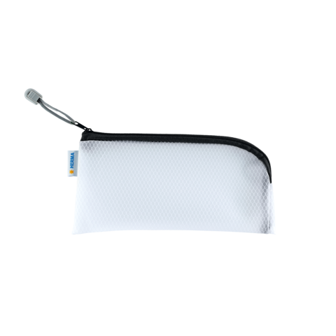 Weiße, rechteckige Federtasche mit schwarzem Reißverschluss und grauem Zipper. Ideal für Stifte und kleine Schreibutensilien.