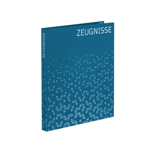 Ein blauer Ordner mit dem Titel "ZEUGNISSE" und einem geometrischen Muster aus Dreiecken auf der Vorderseite.