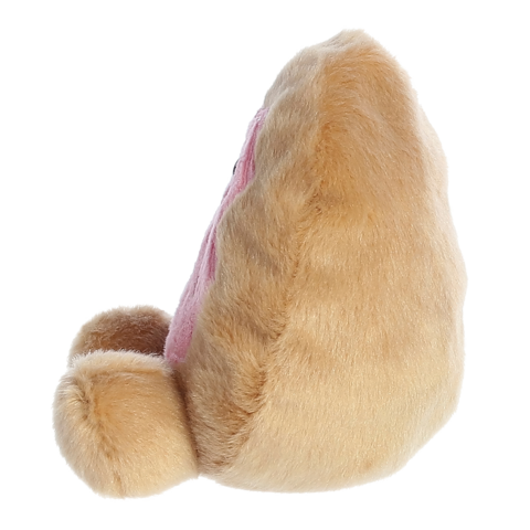 Ein plüschiger Hase in beige mit rosa Ohren, von der Seite betrachtet. Der Hase hat eine runde Form und einen weichen, kuscheligen Körper.