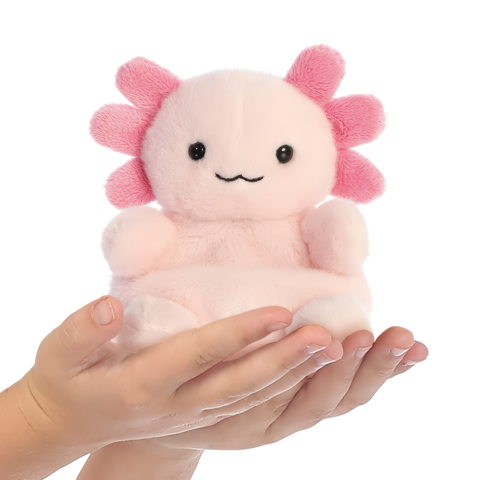 Ein rosa Plüschspielzeug in Form eines Axolotls, gehalten von zwei Händen.