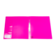 Ein leuchtend pinkfarbener Ordner mit einer transparenten Tasche und einem Stift, geöffnet und auf einer neutralen Oberfläche platziert.