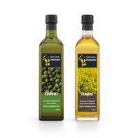 Rollenetiketten im Digitaldruck online bestellen: 2 Öle mit Etiketten, heller Hintergrund