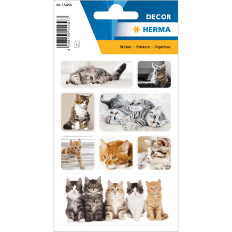 Aufkleber mit verschiedenen Katzenmotiven, darunter liegende und spielende Katzen in unterschiedlichen Farben und Rassen.