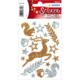 Glitzernde Aufkleber mit verschiedenen Motiven, darunter ein Eichhörnchen, Sterne und Blätter in Gold- und Silbertönen.